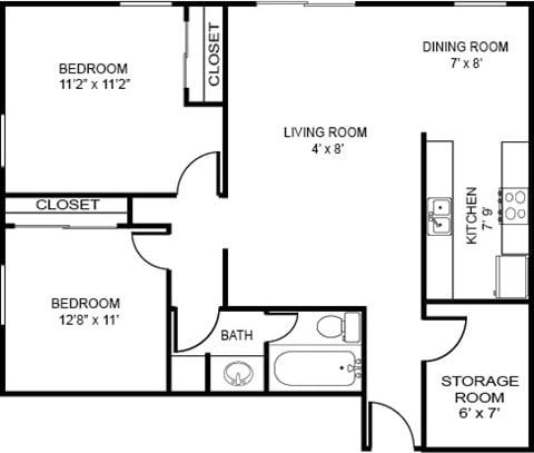 Floor plan for 2 beds, 1 bath, 885 sqft